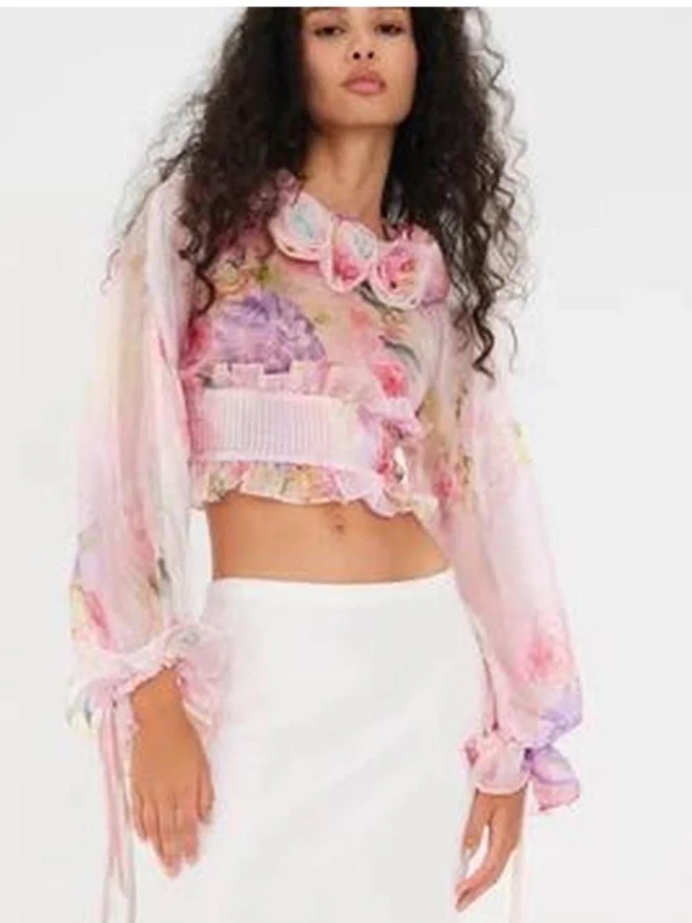For Love And Lemons Sheer Pink Floral Ruffle Cropped Blouse Sz XL